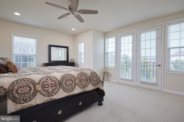 400 Blue Flax Pl, Gaithersburg, MD 20878 - bedroom featuring access to outside, light carpet, multiple windows, recessed lighting, and ceiling fan