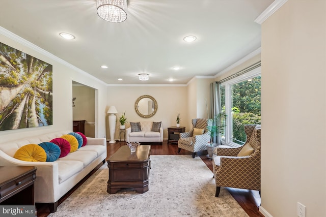 8600 Fox Run, Potomac, MD 20854 - living area with recessed lighting, wood finished floors, crown molding, and a chandelier