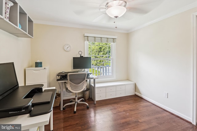 8600 Fox Run, Potomac, MD 20854 - office featuring ornamental molding, dark wood-style flooring, and a ceiling fan