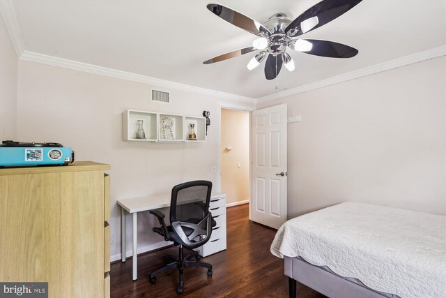 8600 Fox Run, Potomac, MD 20854 - bedroom with crown molding, wood finished floors, an office area, and a ceiling fan
