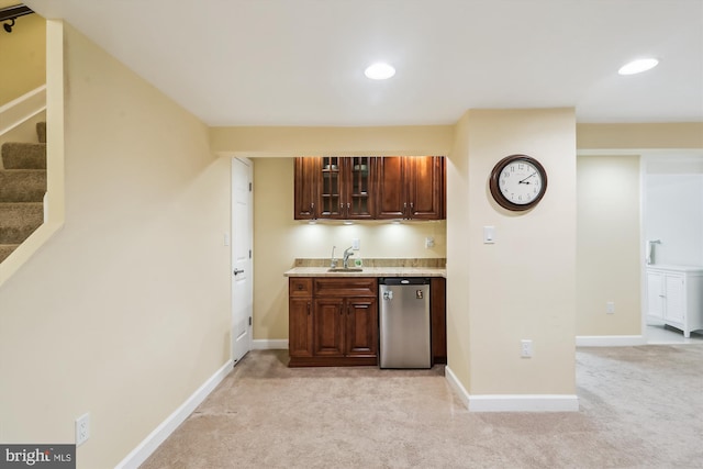 8600 Fox Run, Potomac, MD 20854 - indoor wet bar with stainless steel dishwasher, light carpet, stairs, and recessed lighting