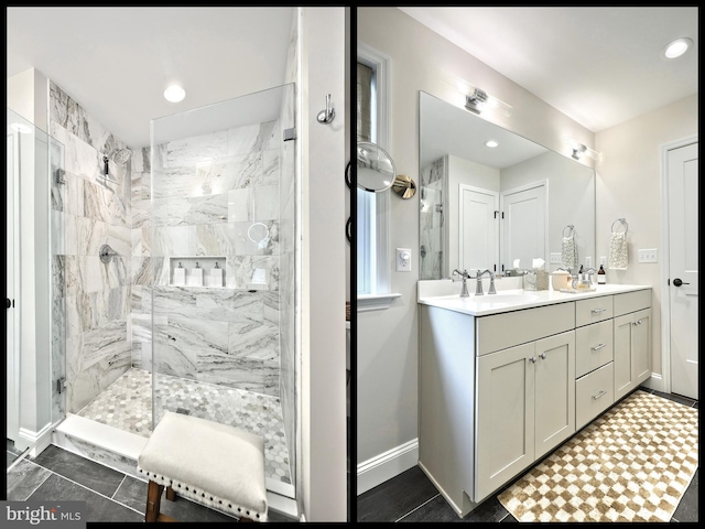 105 Fading Way, York, PA 17406 - bathroom featuring a marble finish shower, double vanity, and recessed lighting