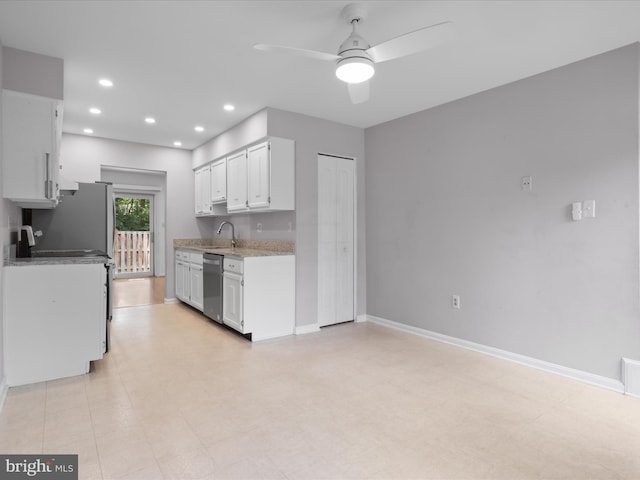 9664 Masterworks Dr, Vienna, VA 22181 - kitchen featuring dishwasher, a ceiling fan, white cabinetry, recessed lighting, and light stone countertops