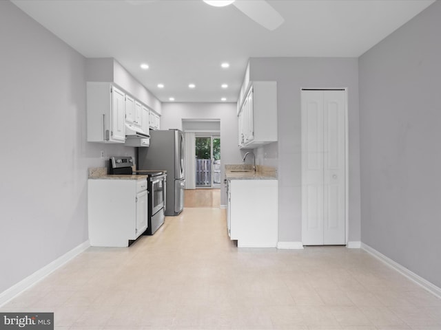 9664 Masterworks Dr, Vienna, VA 22181 - kitchen featuring appliances with stainless steel finishes, white cabinets, recessed lighting, under cabinet range hood, and a ceiling fan