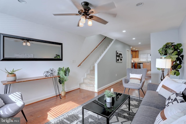 614 Scott St, Baltimore, MD 21230 - living room featuring stairway, recessed lighting, a ceiling fan, light wood-style flooring, and baseboards