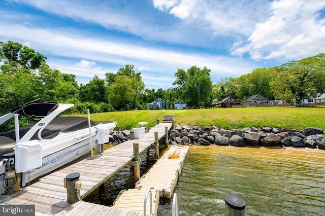 1312 Tuggies Rd, Pasadena, MD 21122 - dock with a water view, a lawn, and view of wooded area