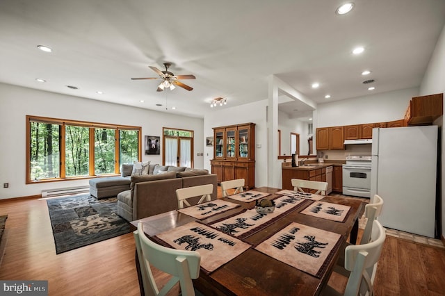 734 Log Cabin Ln, Berkeley Springs, WV 25411 - dining room with a baseboard radiator, a ceiling fan, recessed lighting, and light wood-style floors