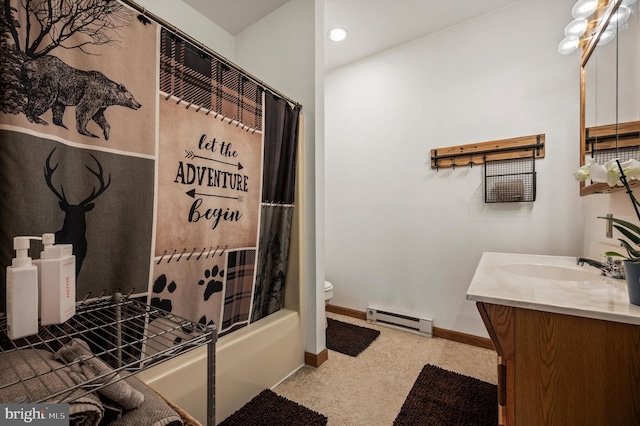 734 Log Cabin Ln, Berkeley Springs, WV 25411 - full bathroom featuring a baseboard heating unit, vanity, baseboards, toilet, and shower / tub combo with curtain