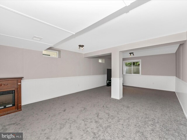 7732 Rotherham Dr, Hanover, MD 21076 - basement with carpet floors, wainscoting, and a glass covered fireplace