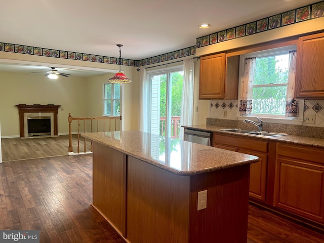28 Willow Way Dr, Enola, PA 17025 - kitchen with a center island, stainless steel dishwasher, dark wood-style floors, decorative backsplash, and recessed lighting