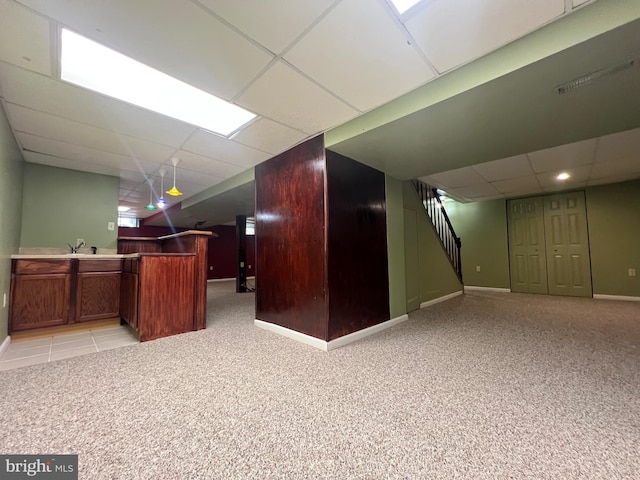28 Willow Way Dr, Enola, PA 17025 - finished below grade area with wet bar, a paneled ceiling, light colored carpet, and stairway