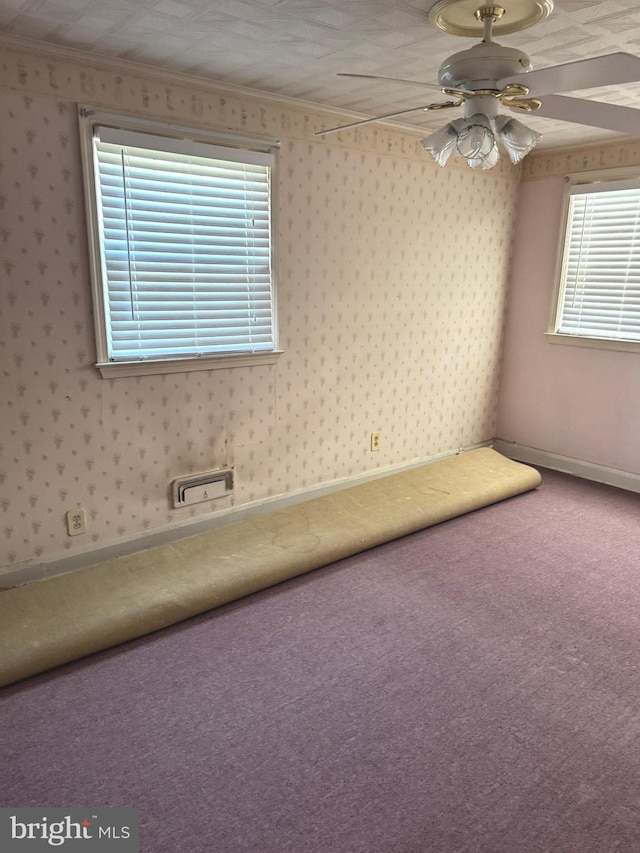 1525 Clairidge Rd, Baltimore, MD 21207 - unfurnished room with crown molding, carpet flooring, and ceiling fan