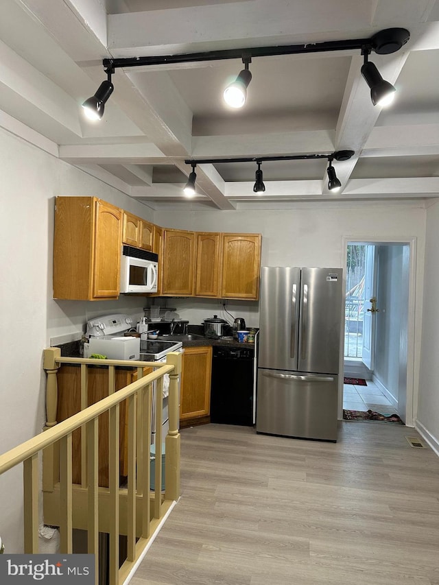1009 W Susquehanna Ave, Philadelphia, PA 19122 - kitchen with white appliances, light wood-style flooring, rail lighting, coffered ceiling, and beamed ceiling