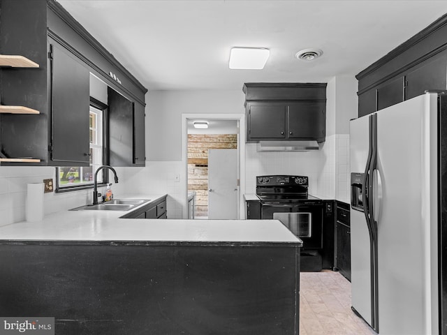 1002 Sherwood Cir, Salisbury, MD 21804 - kitchen with white refrigerator with ice dispenser, black electric range, under cabinet range hood, dark cabinets, and open shelves