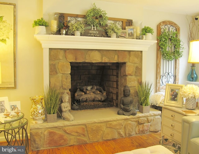 126 Devon Rd, Cinnaminson, NJ 08077 - detailed view of wood finished floors and a stone fireplace