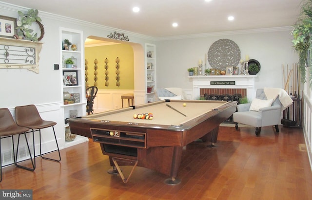 126 Devon Rd, Cinnaminson, NJ 08077 - playroom featuring wood finished floors, built in features, crown molding, a brick fireplace, and billiards