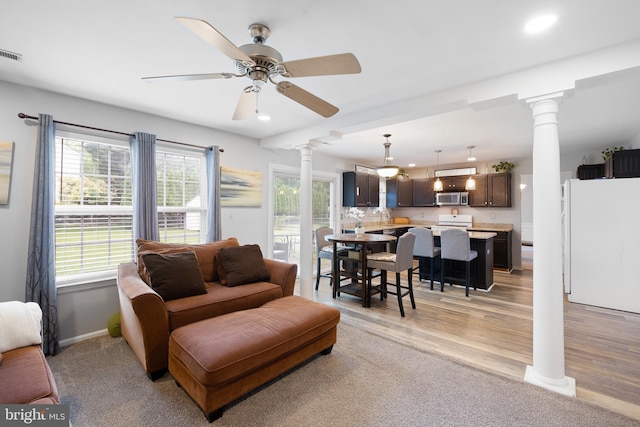 1 Brady Cir, Middletown, DE 19709 - living area featuring decorative columns, ceiling fan, recessed lighting, and light wood-style flooring