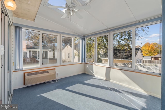 8078 Outing Ave, Pasadena, MD 21122 - unfurnished sunroom featuring a wall mounted AC, ceiling fan, carpet flooring, vaulted ceiling, and plenty of natural light