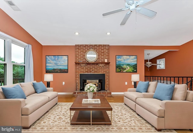 10694 Salem Ave, Thurmont, MD 21788 - living area with a ceiling fan, wood finished floors, recessed lighting, and a brick fireplace