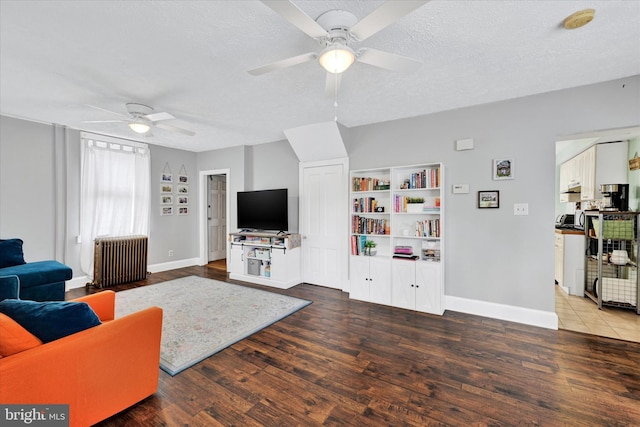 133 S Prospect Ave, Baltimore, MD 21228 - living area with radiator, ceiling fan, wood finished floors, baseboards, and a textured ceiling