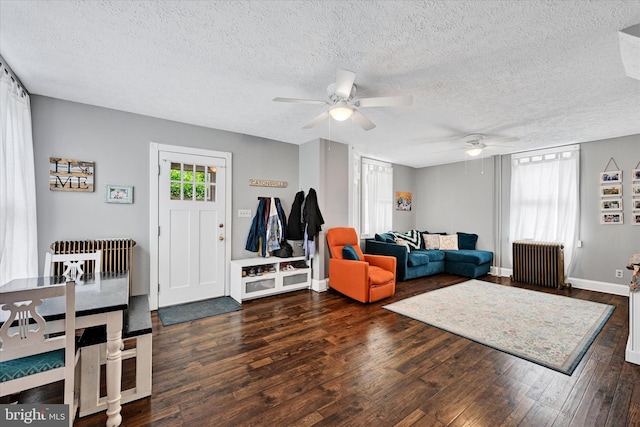 133 S Prospect Ave, Baltimore, MD 21228 - living room featuring radiator heating unit, ceiling fan, wood finished floors, a textured ceiling, and baseboards