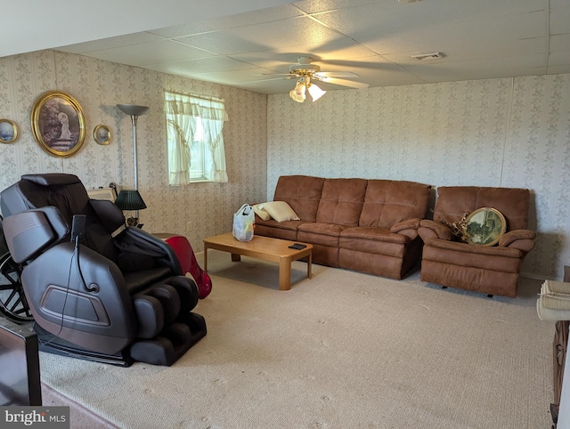 9933 Hoovers Hill Rd, Huntingdon, PA 16652 - living room featuring carpet, a ceiling fan, and wallpapered walls