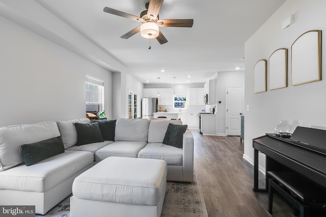 9307 Cedar Forest Dr, Fredericksburg, VA 22408 - living room featuring a ceiling fan, dark wood-style floors, and recessed lighting