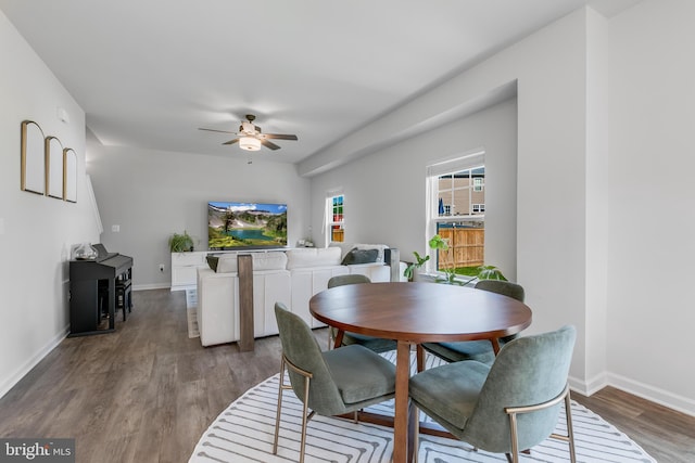 9307 Cedar Forest Dr, Fredericksburg, VA 22408 - dining space featuring ceiling fan, wood finished floors, and a wood stove