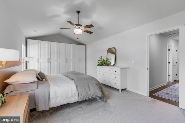 9307 Cedar Forest Dr, Fredericksburg, VA 22408 - carpeted bedroom featuring vaulted ceiling and a ceiling fan