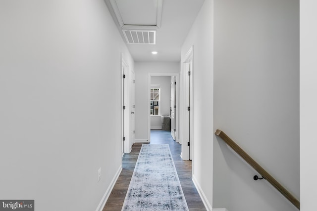 9307 Cedar Forest Dr, Fredericksburg, VA 22408 - hallway featuring dark wood-type flooring, an upstairs landing, and recessed lighting