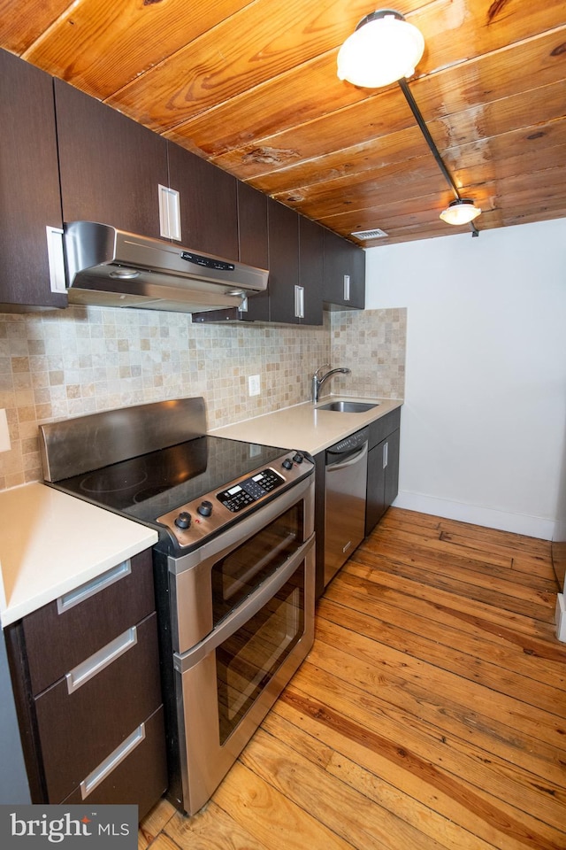 309 Arch St Unit 301, Philadelphia, PA 19106 - kitchen featuring stainless steel appliances, under cabinet range hood, wooden ceiling, a sink, and backsplash