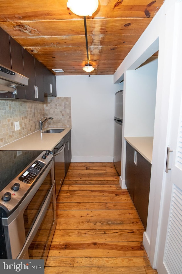 309 Arch St Unit 301, Philadelphia, PA 19106 - kitchen with stainless steel appliances, a sink, tasteful backsplash, light wood-style flooring, and wooden ceiling