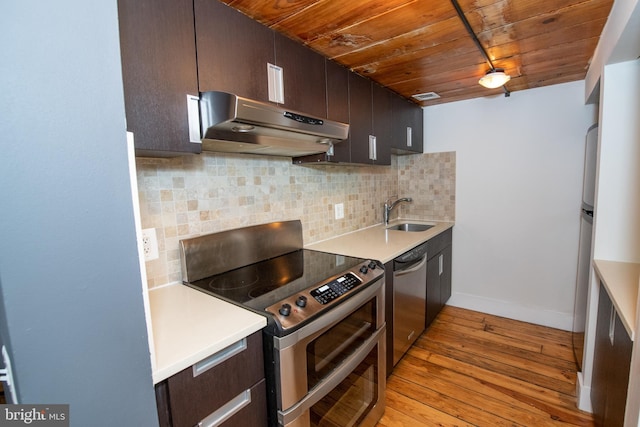 309 Arch St Unit 301, Philadelphia, PA 19106 - kitchen featuring stainless steel appliances, under cabinet range hood, wooden ceiling, a sink, and light wood-style floors