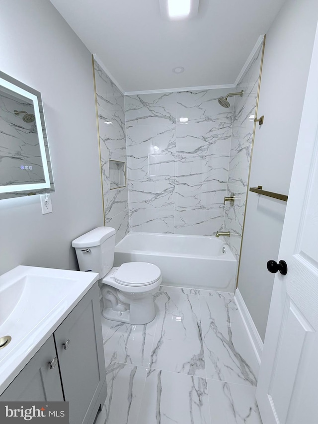 56 E Tulpehocken St, Philadelphia, PA 19144 - full bathroom with vanity, marble look tiles, bathtub / shower combination, toilet, and ornamental molding