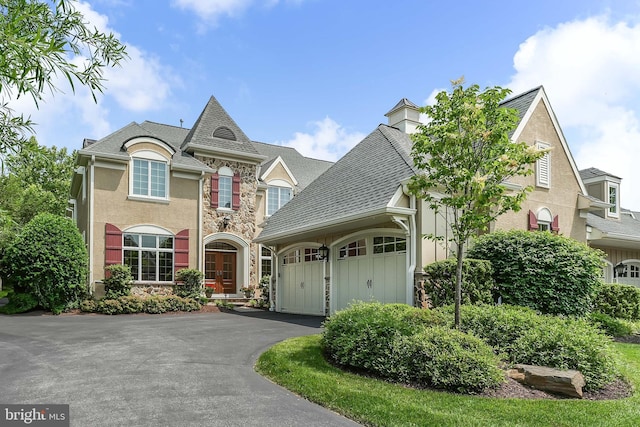 217 Valley Ridge Rd, Haverford, PA 19041 - view of front of house with stone siding, driveway, an attached garage, roof with shingles, and stucco siding