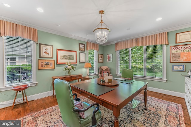 217 Valley Ridge Rd, Haverford, PA 19041 - dining space with a chandelier, ornamental molding, wood finished floors, and recessed lighting