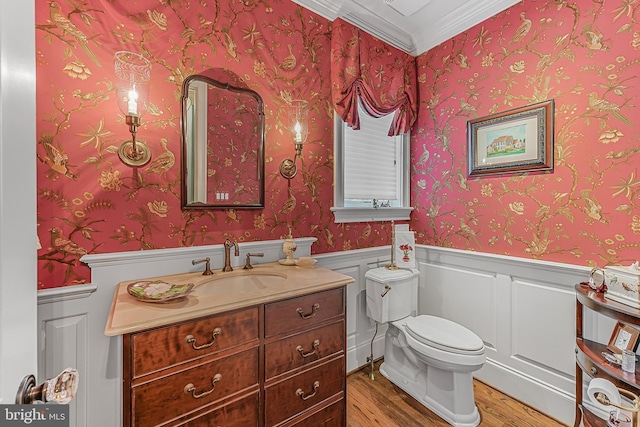 217 Valley Ridge Rd, Haverford, PA 19041 - bathroom with wood finished floors, a wainscoted wall, crown molding, and vanity