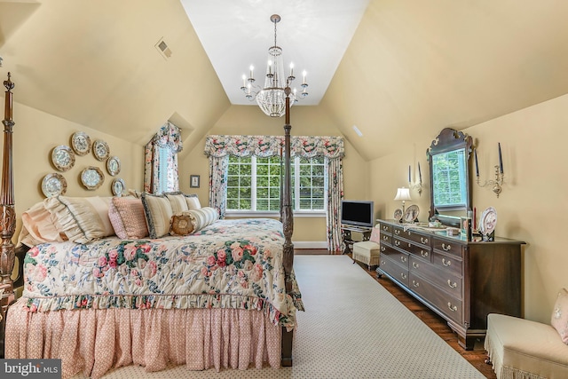 217 Valley Ridge Rd, Haverford, PA 19041 - bedroom featuring dark wood-style flooring, a chandelier, and vaulted ceiling