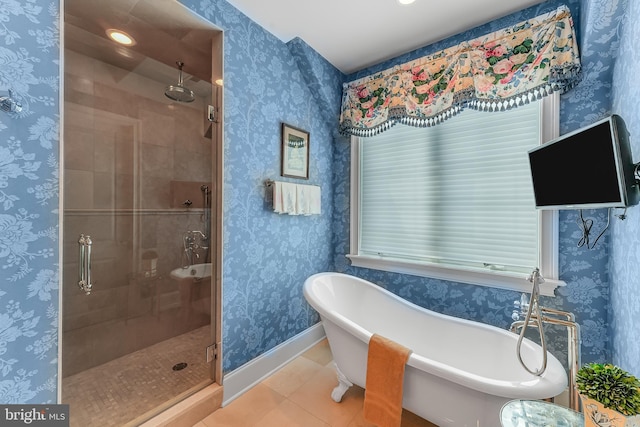 217 Valley Ridge Rd, Haverford, PA 19041 - full bath with a stall shower, a freestanding tub, and tile patterned floors