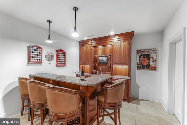 217 Valley Ridge Rd, Haverford, PA 19041 - indoor wet bar featuring recessed lighting, hanging light fixtures, and light tile patterned floors