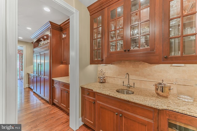 217 Valley Ridge Rd, Haverford, PA 19041 - bar area featuring light wood-type flooring, backsplash, and recessed lighting