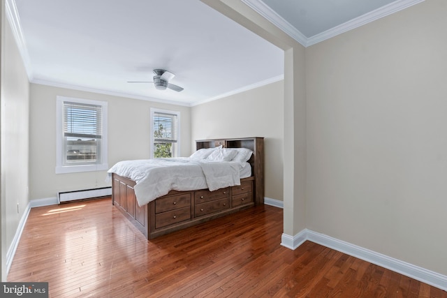 1521 Bush St, Baltimore, MD 21230 - bedroom with a baseboard radiator, wood-type flooring, ornamental molding, and a ceiling fan