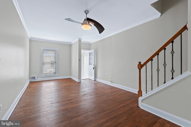 1521 Bush St, Baltimore, MD 21230 - unfurnished room with crown molding, a ceiling fan, hardwood / wood-style floors, and stairs