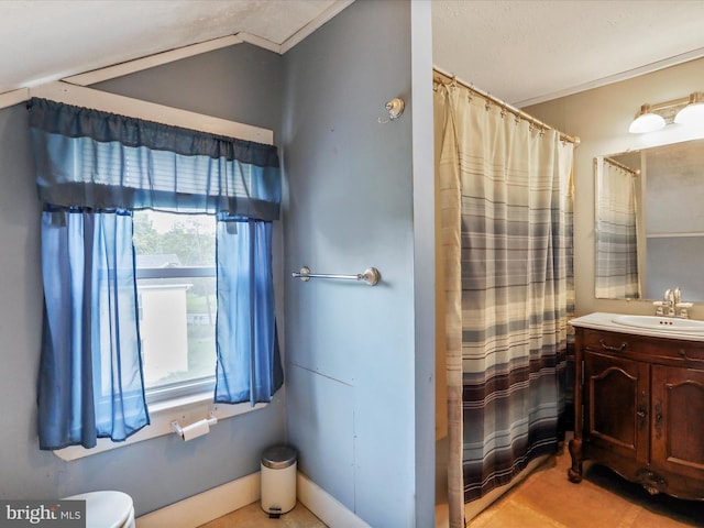 12225 Upper Georges Creek Rd SW, Frostburg, MD 21532 - bathroom with vanity, curtained shower, and ornamental molding