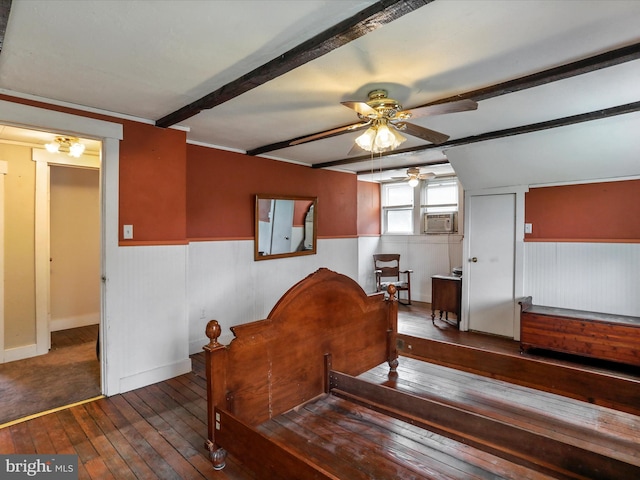 12225 Upper Georges Creek Rd SW, Frostburg, MD 21532 - bedroom with hardwood / wood-style flooring, beam ceiling, wainscoting, and ceiling fan