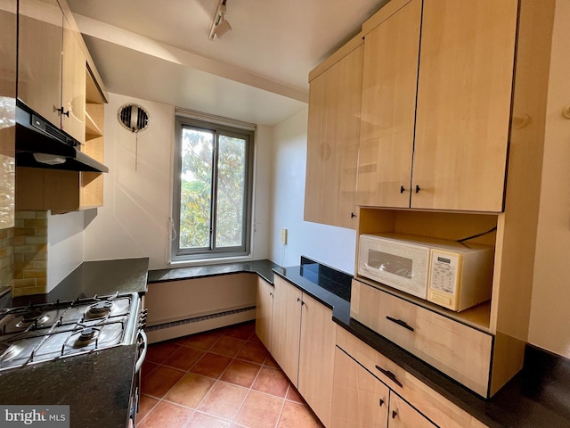 4200 Cathedral Ave NW Unit 918, Washington, DC 20016 - kitchen with a baseboard radiator, white microwave, gas stove, light brown cabinetry, and dark countertops