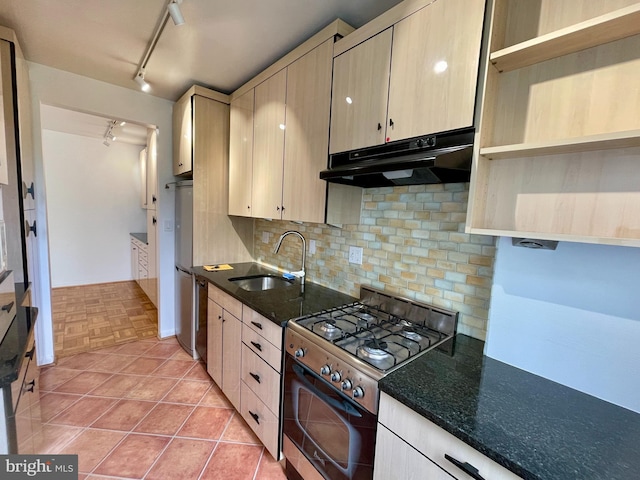4200 Cathedral Ave NW Unit 918, Washington, DC 20016 - kitchen with under cabinet range hood, open shelves, appliances with stainless steel finishes, a sink, and decorative backsplash