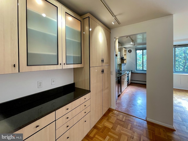 4200 Cathedral Ave NW Unit 918, Washington, DC 20016 - kitchen featuring track lighting, glass insert cabinets, baseboards, and dark stone countertops
