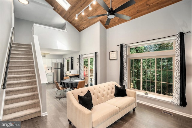 303 Green Meadow Ln, Horsham, PA 19044 - living area featuring wooden ceiling, stairway, wood finished floors, high vaulted ceiling, and ceiling fan