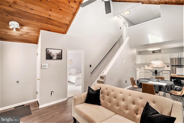 303 Green Meadow Ln, Horsham, PA 19044 - living room featuring high vaulted ceiling, wooden ceiling, stairs, and dark wood-type flooring